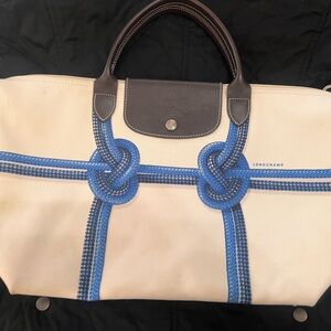 Longchamp Beige and Blue Tote with Brown Leather